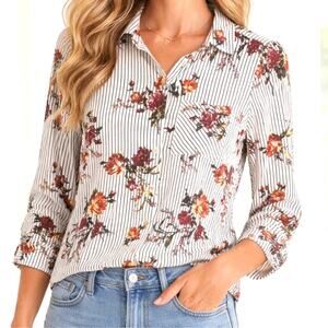 Daytrip White and Black Striped Floral Button Up XS Top